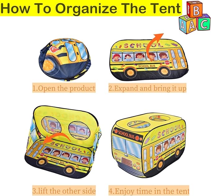 Pop Up Tent for Kids:School Bus Tent,Kids Pop Up Tent Indoor|Outdoor,Pop Up Play Tent for Kids,Without Installation,Suitable for 2-3 Children&for Ages 3+,School Bus Toy for Boys and Girls