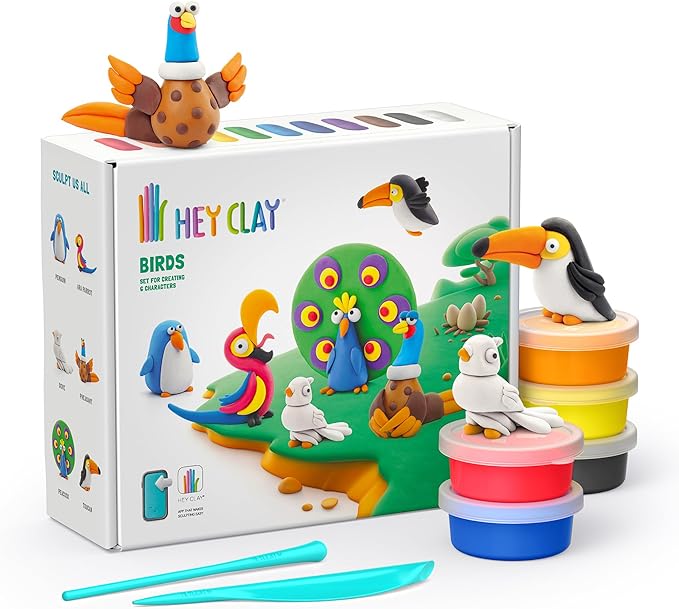 Hey Clay 15 Cans Set - Colourful Modelling Kids Air-Dry Clay 15 Cans with Sculpting Tools and Fun Interactive Instructions for Children Age 3+ (Birds)