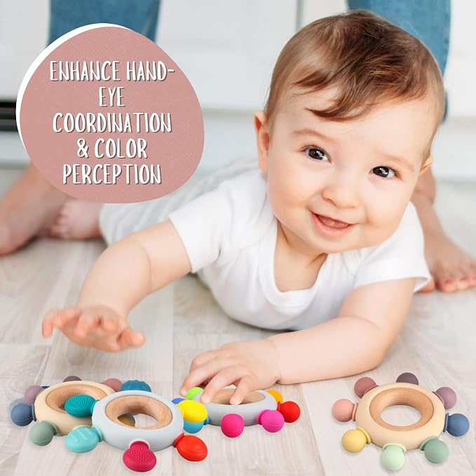 Baby Teething Toys, Silicone Chewable Teethers with Wooden Ring for Soothing Babies Gums, Rudder Chewers Shower Gift for lnfants & Toddlers, 3+ Months (6 Directions, Ocean)