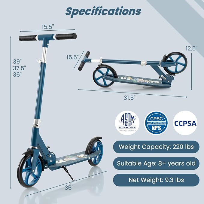 HONEY JOY Kick Scooter, 220 LBS Folding Lightweight Outdoor Scooter w/ 3 Adjustable Height, 7’’ Big Wheels, Aluminum Frame, Kickstand, 6’’ Anti-Slip Deck & Rear Brake, for Kids Teens Age 8+