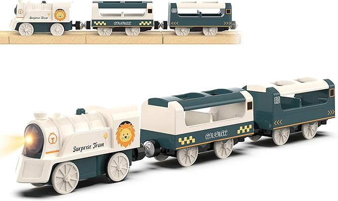 Battery Powered Train Set for Railway System, Electric Train Toys for Wooden Tracks, 3Pcs Motorized Locomotive Trains for Toddlers Compatible with Thomas & Friends, Brio, Chuggington