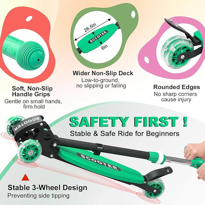 Scooters for Kids 6-8 8-12, Folding 3 Lighted Wheels Kick Scooter,3 Adjustable Height Handlebars, Lean-to-Steer,Widen Anti-Slip Deck, Heavy Duty Scooter for Boys Girls Ages 6-12,up to 170 Lbs