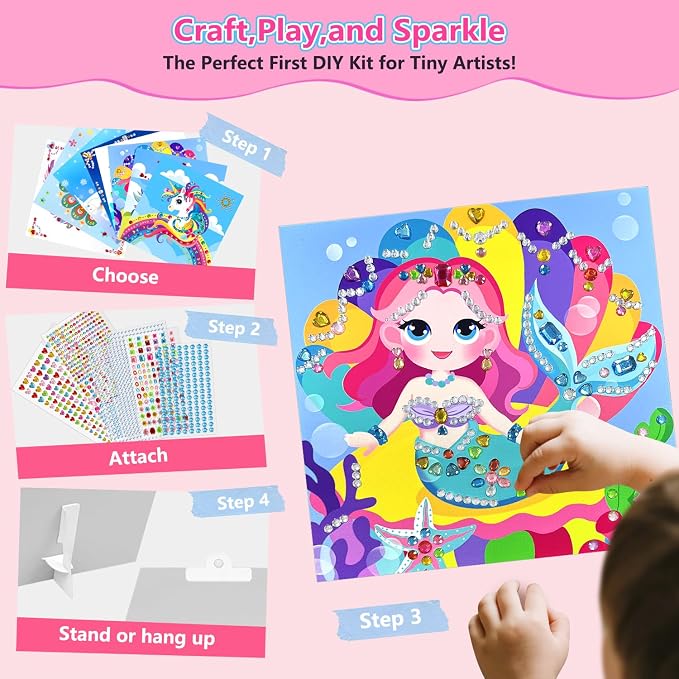Marlrin Unicorn & Princess Diamond Art Kit for Kids Ages 3-8,Easy Arts and Crafts with 1000+ Gem Stickers,Gem Art Christmas Birthday Easter Gift for Girls 4-7