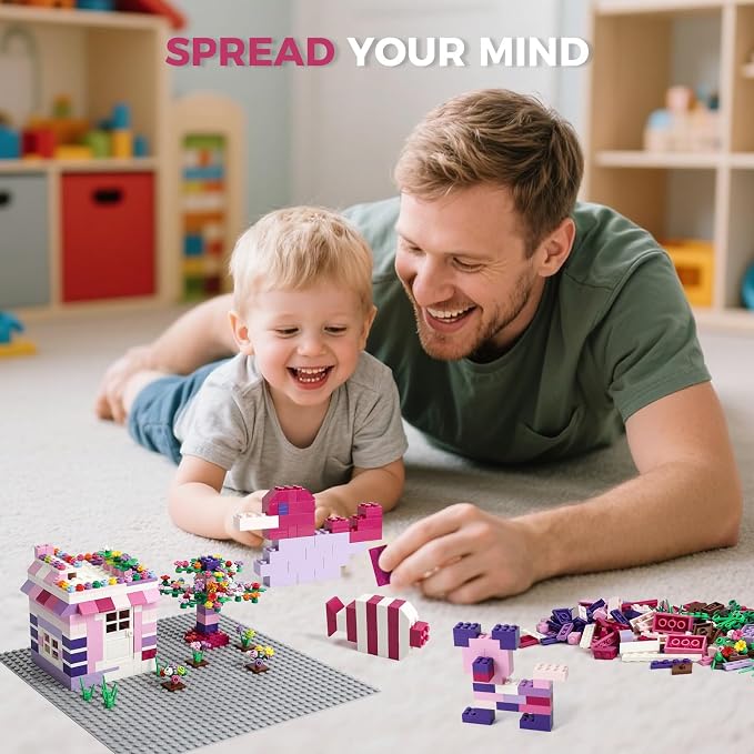 HUIZDQ 1800Pcs Building Bricks, Classic Bulk Small Blocks, Classic Building Bricks Set Basic Building Blocks(Pink Purple White)