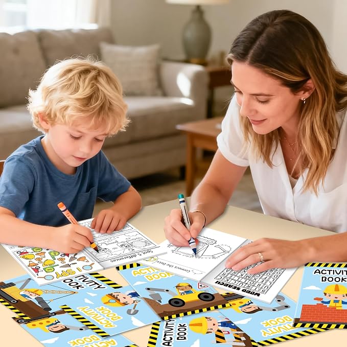 Dvbonike 24Pcs Construction Activity Books - Construction Vehicles Mini Fun Games Coloring Book Bulk with Excavator Forklift Truck Party Favors Goodie Bag Stuffers Classroom Rewards Supplies