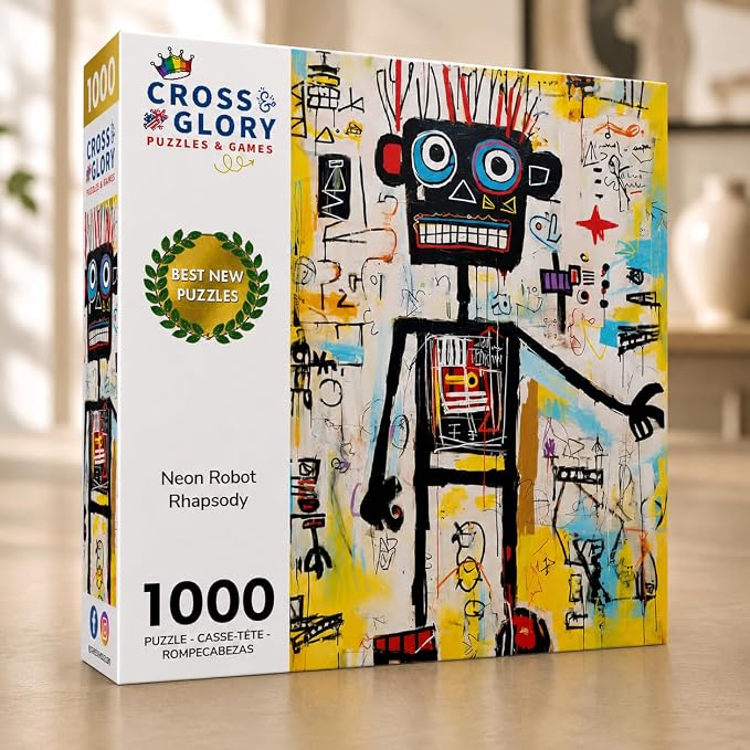 Cross & Glory - Neon Robot Rhapsody - 1000 Piece Jigsaw Puzzle for Adults | Abstract Neo-Expressionism Art | Luminous Yellow Highlights | Premium Quality | Vibrant Colors