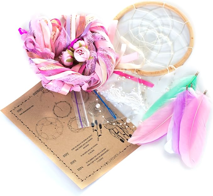 DIY dream catcher kit-Make your own dreamcatcher-Craft set for kids-Do It Yourself Pink dreamcatcher-Birthday party Activity Diam 6.2 inch(15.5cm) Floral Classic Dream catcher