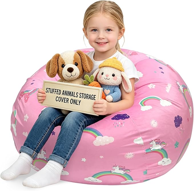 Lukeight Unicorns Stuffed Animals Storage Bean Bag Chair Cover for Kids Toddlers, Cozy Velvet Plush Toy Organizer Seat, Cover Only, No Filling Included, Long YKK Zipper, Side Pocket, Large 27 x 16 in