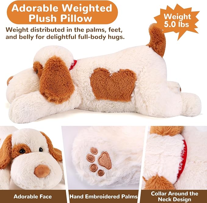 meowtastic Brown & White Dog Weighted Stuffed Animals - 28 Inch 5.0 Pounds Weighted Plush Dog Stuffed Animals - Large Stuffed Dog Plush - Cute Plush Toys Gifts for Kids & Adults (28" 5.0 lbs)