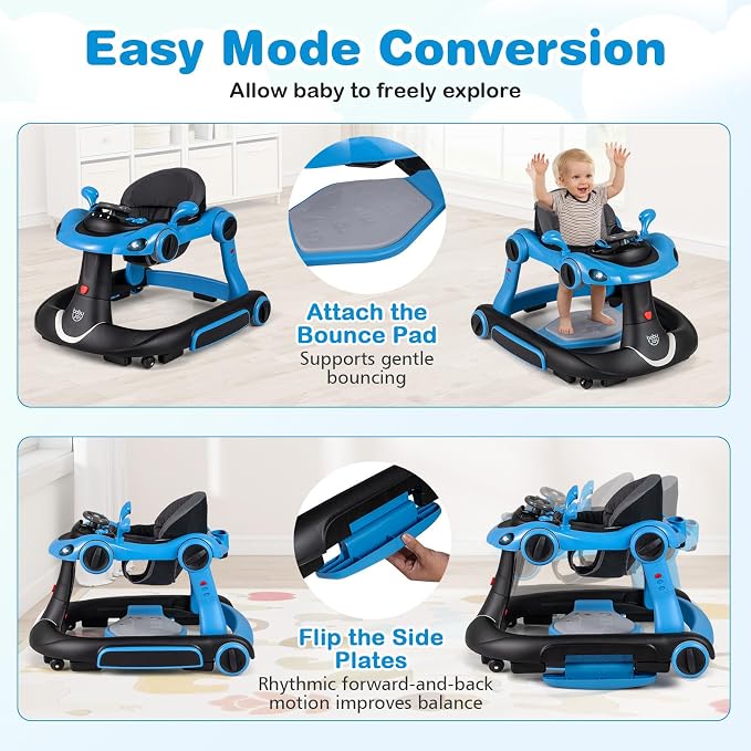 BABY JOY 7-in-1 Baby Walker, Foldable Baby Walker and Bouncer Combo with Handle, Adjustable Height & Speed, Music, Lights, Rocker/Push Mode, Baby Walker with Wheels for Boys Girls 7-18 Months (Blue)