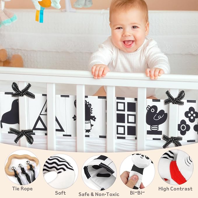 Dreamon 32PCS High Contrast Black and White Baby Sensory Toys, Newborn Tummy Time Toys with Rattle, Soft Book & Flash Cards, Montessori Infant Toys for 0-12 Months Boys Girls Shower Gifts