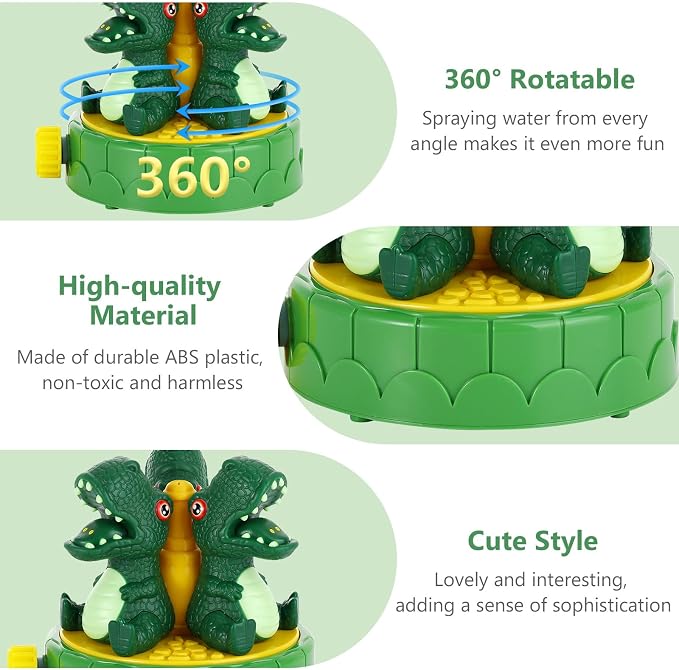 MoKo Dinosaur Sprinkler for Kids-Cute Outdoor Water Toy Spray Swimming Pool Toy with 2 Hose Clamps 3 Nozzles Fun Summer Play Water Toys for Backyard Lawn Garden Game Activities Pet Boys Girls, Green
