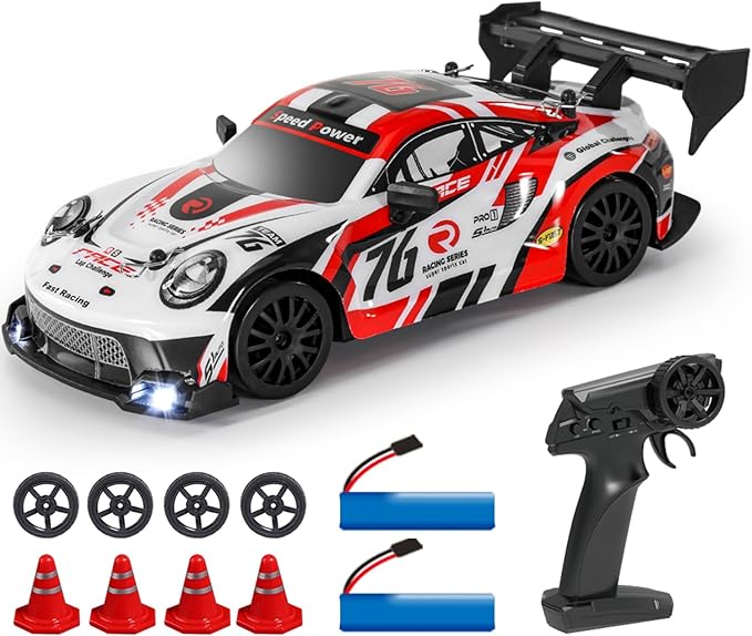 1:24 Scale RC Drift Car 4WD 2.4GHz 30KM/H High Speed Racing Sport Toy Car with LED Lights, Racing and Drift Wheels (8606-White)