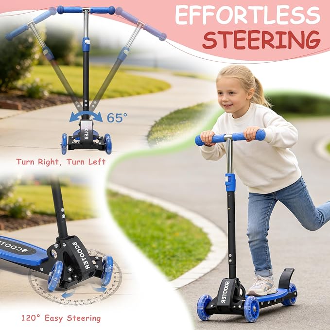Toddler Scooter, 3 Wheels for Kids 2-7 Year Old LED Lighted, Folding Lean-to-Steer Kids Scooter with 3 Adjustable Handlebar for Boys Girls, Blue