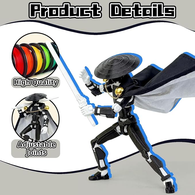 T13 Assembly Completed Action Figures,T-13 Action Figure, Robo 13 3D Printed Action Figure - The Ultimate Hero for Action-Packed Playtime,5.2 Inch, Black White