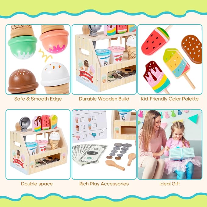 BROWNROOT Wooden Ice Cream Shop Toy with Menu and Play Money for Kids | Features cones, popsicles and cups made from wood, encouraging pretend play and creativity for ages 3+