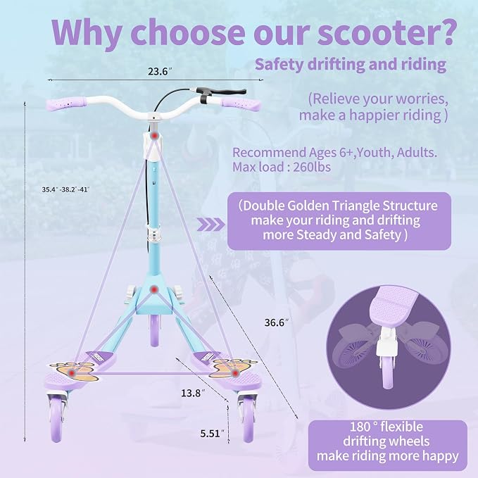 PHOEROS Upgraded Swing Wiggle Scooter,3 Wheels Drifiting Kick Scooter for Kids Ages 6-12,Teens&Adults,Youth Drifting Scooter with LED Light/4 Height Adjustable/Foldable Best Gift for Kids