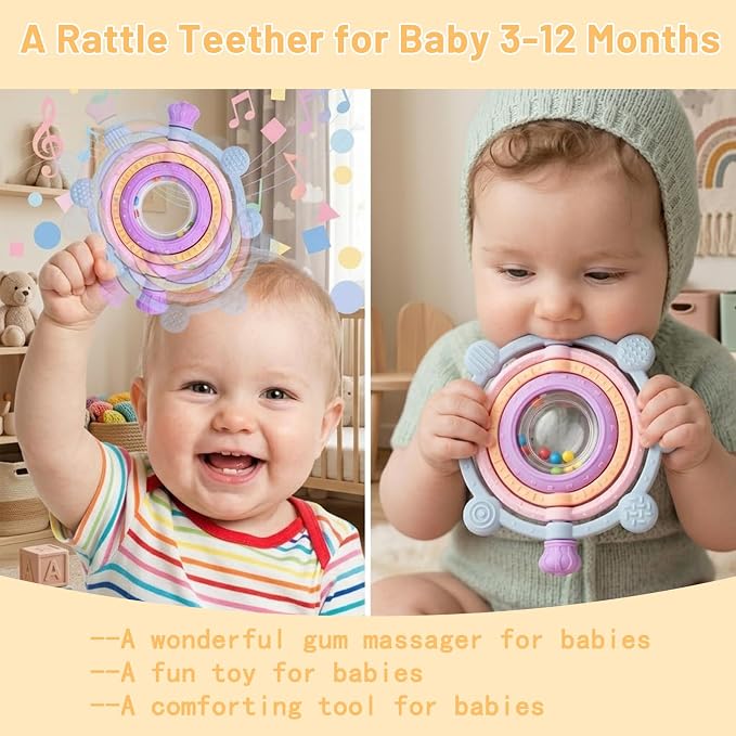 Rotatable Baby Teething Rings Rattle Toys for Infants 3-12 Months, Silicone Baby Teether Sensory Toys with Raised Textured Bumps, Safe & Soft for Chewing, Teething Relief, Soothing Sore Gums, BPA-Free