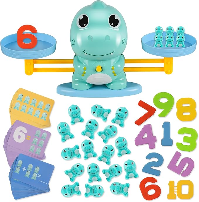 Dinosaur Math Balance Toy for Kids Ages 3-7, Montessori Number Blocks Learning & Educational Dinosaur Toys for Kids 3-5 and Math Games for Kids 5-7,Ideal Gift for Kids (Basic Blue)