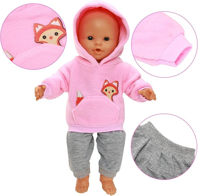 2 Pieces of Baby Doll Clothes for 14-16 Inch Born Baby Doll 1 Pink Hooded Sweatshirt with Grey Sweatpants Cute Outfit for 18 Inch Baby Dolls Clothing Set