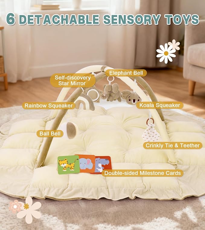 5-in-1 Baby Play Gym and Tummy Time Mat, 12 Learning Cards, Plush Activity Mat with 6 Toys, Baby Gym, Convertible to Ball Pit, Baby Gift, Cream