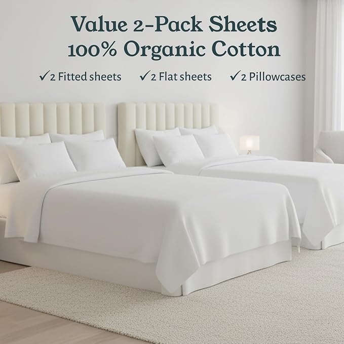 California Design Den Pack of 2 Twin XL Sheets Set - 100% Organic Cotton Percale Sheets, Deep Pockets, Crisp, Breathable and Lightweight Bedding Set - Light Grey