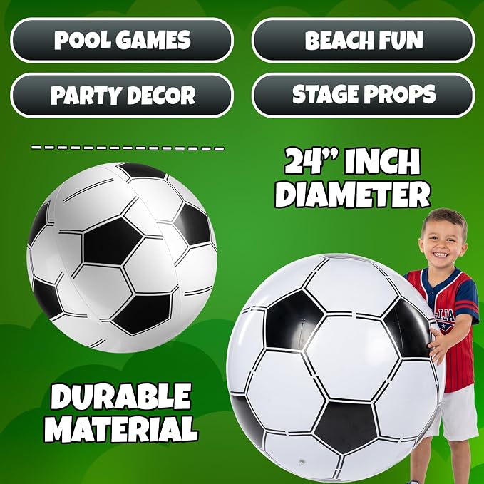 24-Inch Giant Beach Balls - (3-Pack) Inflatable Soccer Beach Balls - Extra Large Blow Up Pool Balls for Kids, Summer Pool Toys, Soccer Party Decorations & Sports Theme Decorations