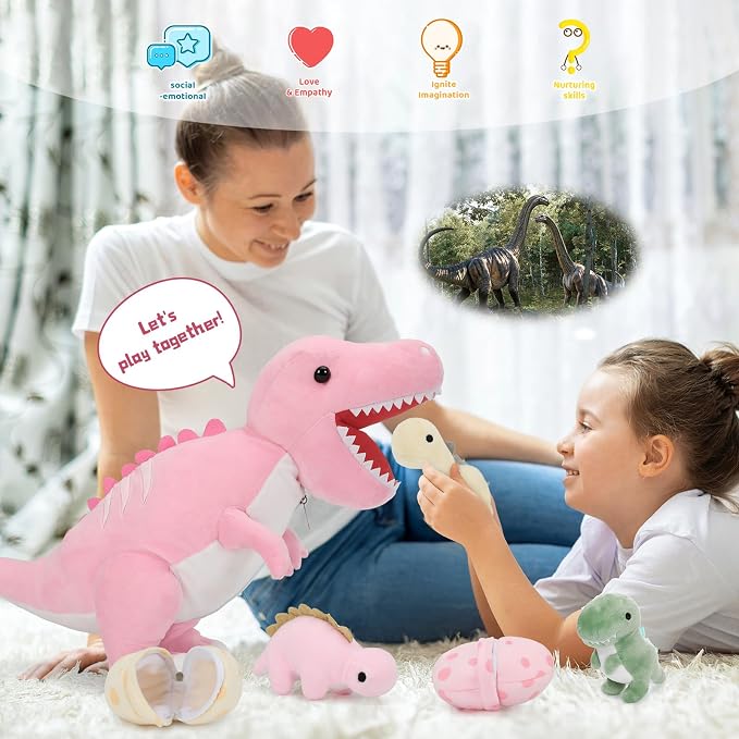 MorisMos Dinosaur Stuffed Animal with Babies Inside Belly, 23.6'' Interactive Talking Mommy Stuffed Dino T-rex Plush with 3 Baby Dinos & Eggs, Boy Girl Dinosaur Toys for Kids 3-8, Pink T-rex Toys Gift