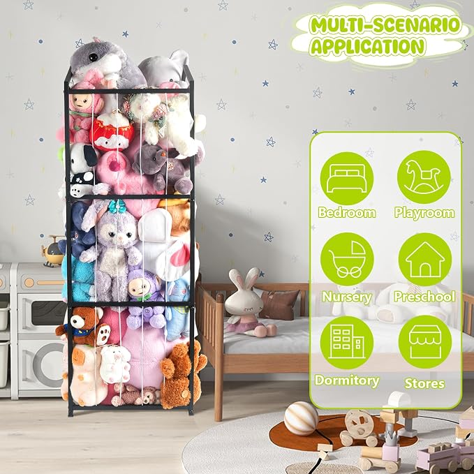 NomNest Stuffed Animal Storage Zoo, Large Metal Plushies Organizer, Heavy Duty Metal Teddy Bear Toy Holder for Kids' Bedroom & Playroom & Nursery (Non-Wheeled, Black)