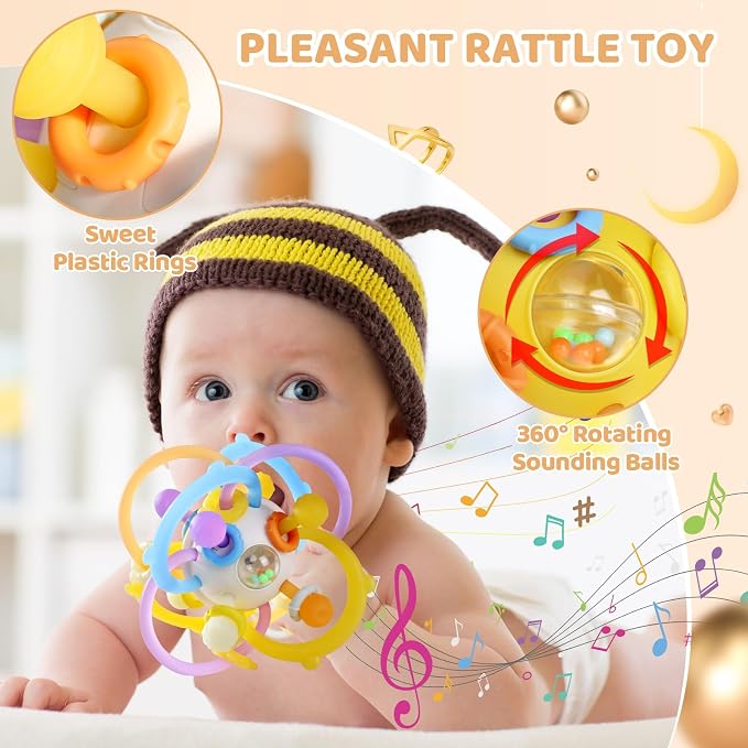 Baby Rattle Teething Toys, Baby Ball Teether Toys for 0 3 6 9 12 18 Months, Silicone Montessori Teethers with Rattle Ball for Newborn Infant, Sensory Delopmental Gift for Boys Girls, Yellow