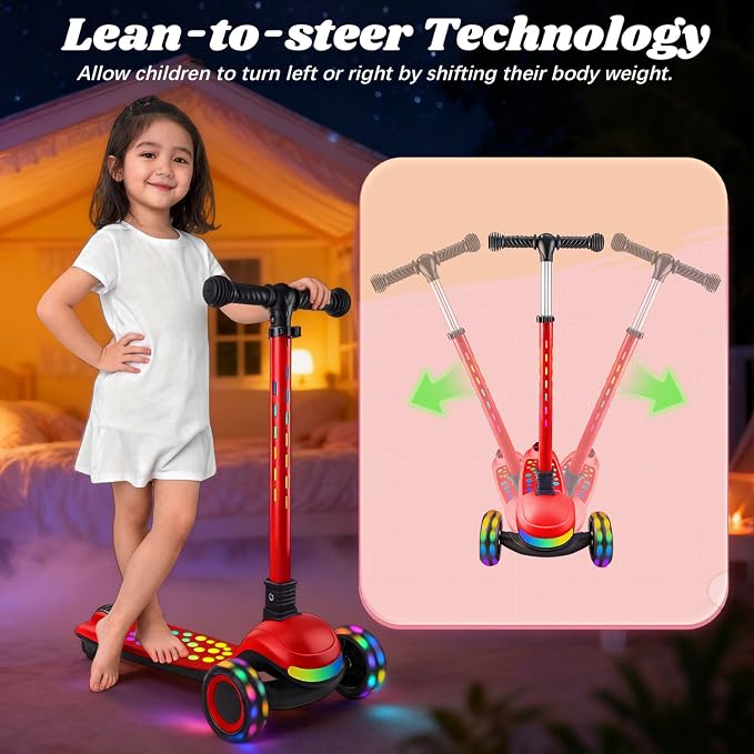 Light Up 3 Wheel Kick Scooter for Kids Toddlers with LED Sync Lights, Flashing Stem & Wide Polka Dot Deck Adjustable Height Music Function Safe Sturdy Folding Scooter for Kids