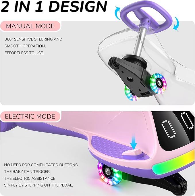 Umatoll 12V Electric Wiggle Car for Kids with Pedal, Display, Rechargeable Battery, LED Light, Bluetooth, Light-Up Wheels, Anti-Rollover, 2 Speeds, Ride on Toys, Birthday Gifts for Age 3+, 150Lbs