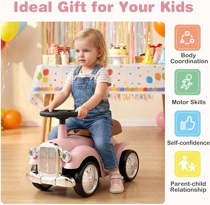 Costzon Ride On Push Car for Toddlers, Classic Kids Foot-to-Floor Sliding Car With Steering Wheel, Horn & Under Seat Storage, Ride On Toy for Boys Girls 18-36 Months (Pink)