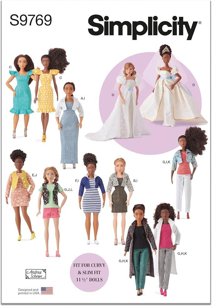 Simplicity SS9769A 11.5" Fashion Clothes for Regular and Curvy Size Dolls Sewing Pattern Packet by Andrea Schewe Designs, Code S9769, for 11.5 Inch Dolls