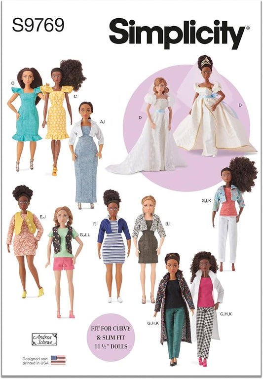 Simplicity SS9769A 11.5" Fashion Clothes for Regular and Curvy Size Dolls Sewing Pattern Packet by Andrea Schewe Designs, Code S9769, for 11.5 Inch Dolls