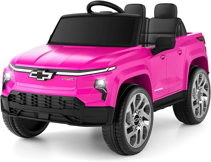 24V Licensed Chevrolet Silverado EV Electric Car for Kids, Ride on Toys for Toddlers with Remote Control, Soft Start, Wide Seat, 3 Speed, LED Lights, Music Player, Birthday Gift, Pink