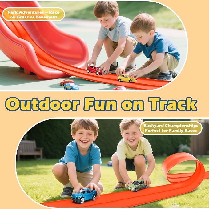 Upgrade Flexible Race Track Flex Tracks for Kids 3+, 15Ft Race Car Track Compatible with Diecast 1/64th Cars, Flexible Car Track Roll Up Car Ramp Toy with Strong Suction Cups (Persimmon)
