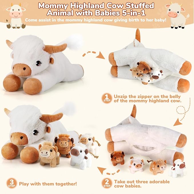 gnomantic Highland Cow Stuffed Animals with Babies, Mommy Toy for Kids | 5-Piece set: 1 mommy highland cow + 4 surprise babies inside. Unzip belly to reveal babies. Ultra-soft, safe for ages 3-8.