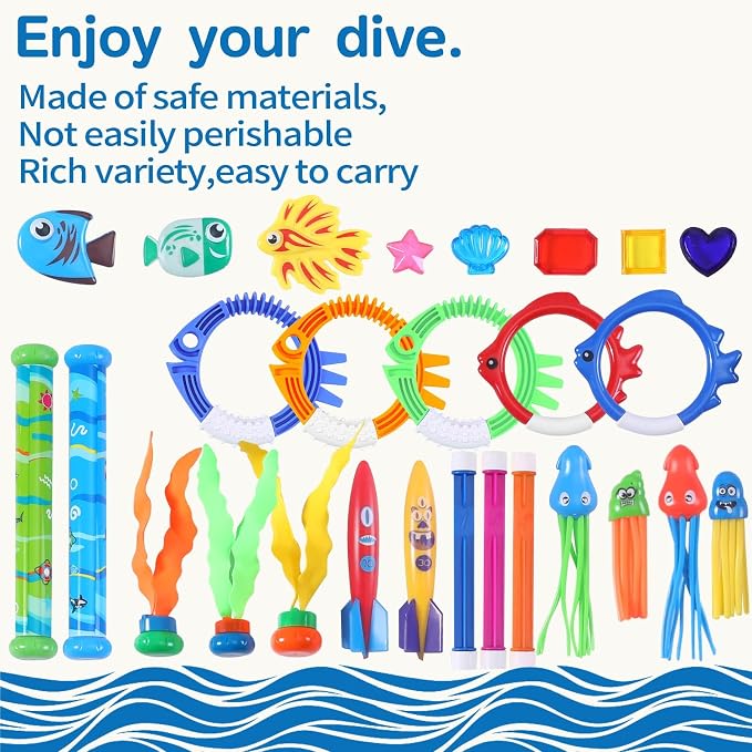 30 Packs Summer Pool Diving Swimming Essentials Toys for Kids, Fun Swim Games Sinking Set, Underwater Dive Gifts with Storage Bag Include Torpedo Gems Shark Rings Sea Animals for Boys Girls Toddlers