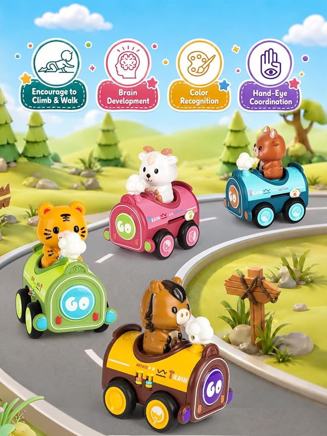 4 Pack Magnetic Connect & Press to Go Car Toys, Animal Finger Puppet Race Cars, Fine Motor Skill Toddler Toys 1-3, Push Down Friction Vehicle Set, Gifts for Baby Boys Girls 12-18 Months
