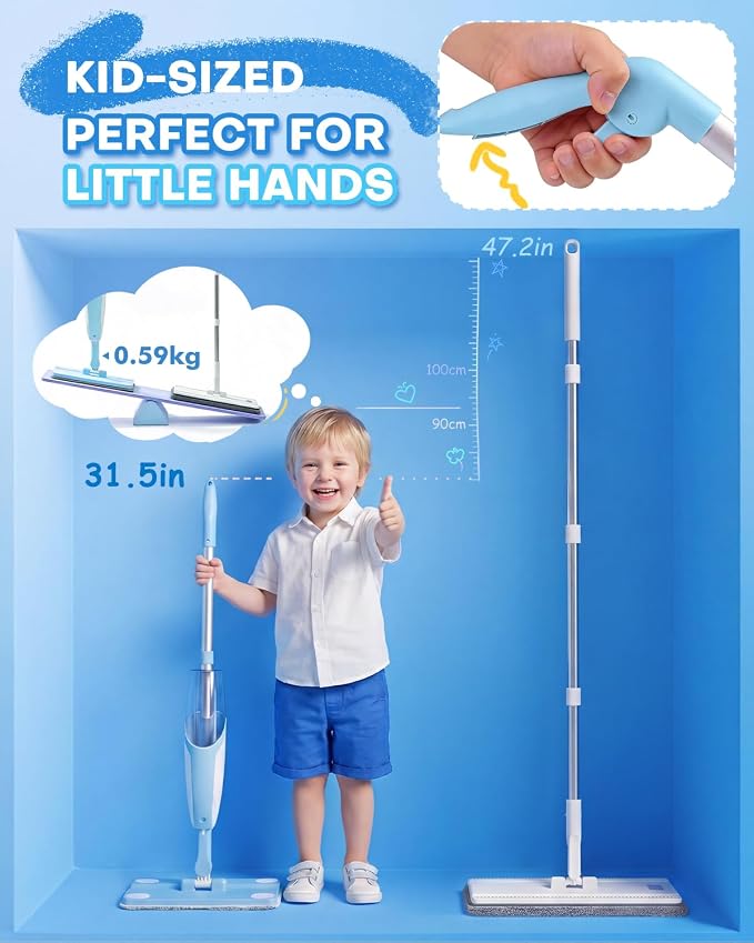 Kids Spray Mop, Blue Toddler Cleaning Set with Refillable Water Spray Tank, Lightweight Pretend Play Mop Toy for Boys Girls, Montessori Housekeeping Toy Gift