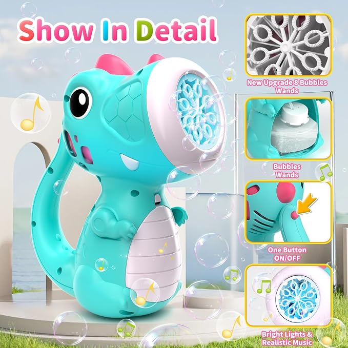 Bubble Machine Wand for Boys Girls, Dinosaur Bubble Machine Maker Blower Toys with Light & Music, Toddler Outdoor Toys for 2 3 4 5 Year Old Boy Girl Birthday Gifts Bubble Solution - Blue