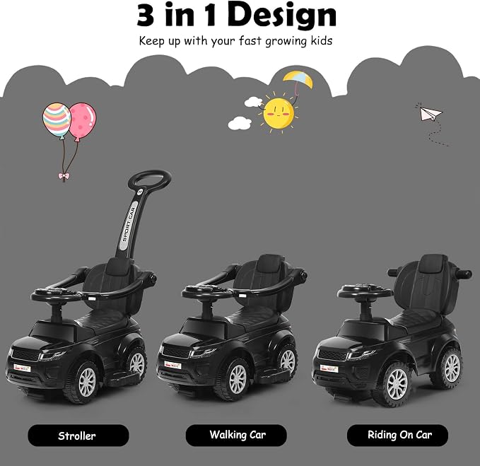 Costzon 3 in 1 Ride on Push Car, Stroller Sliding Walking Car with Horn, Music, Light, Under Seat Storage, Parental Handle, Armrest Guardrails, Ride on Toy for Boys & Girls (Black)