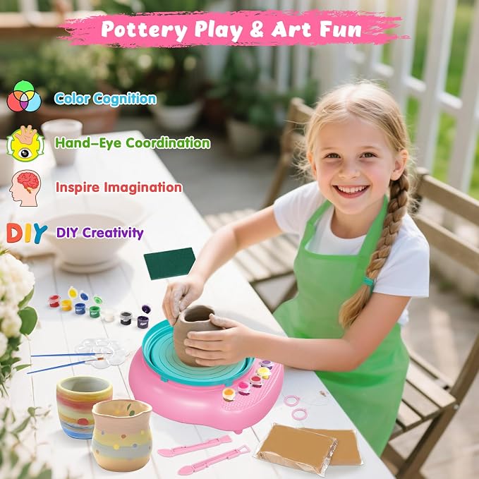 Pottery Wheel for Kids with Complete Clay Kit,Beginner Pottery Painting Set with Air Dry Clay,12 Paints,Sculpting Tools,Apron and Guide,Arts and Crafts Christmas Birthday Gift for Girls Boys Ages 6-12