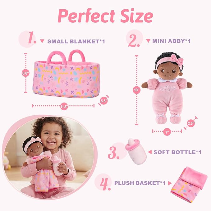 OUOZZZ 10" Black Baby Doll Accessories with Soft Doll, Bassinet, Blanket and Bottle, Toys for 2 Year Olds Girls Birthday Gift, Interactive Pretend Playset for Social Emotional Learning