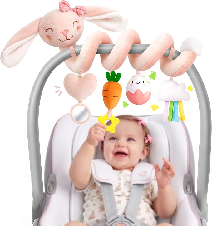 Stuffed Pink Bunny Spiral Car Seat Toys for Babies 0-6 Months, Infant Stroller Toy with Plush Carrot & Star Teether Hanging, Baby Registry Search & Shower Gifts for Newborn Girls