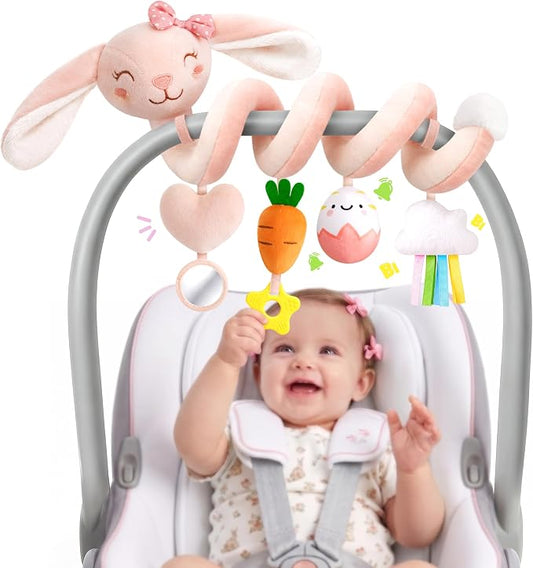 Stuffed Pink Bunny Spiral Car Seat Toys for Babies 0-6 Months, Infant Stroller Toy with Plush Carrot & Star Teether Hanging, Baby Registry Search & Shower Gifts for Newborn Girls