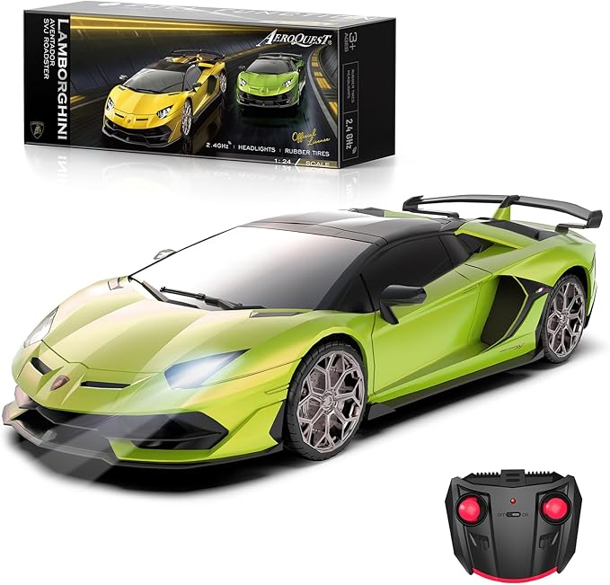 AEROQUEST 1:24 Lamborghini Remote Control Car （Green） | Officially Licensed,Birthday Gift,Toys for ages 3-8,Aventador SVJ Mode,Electric Sport Racing,Hobby RC Cars