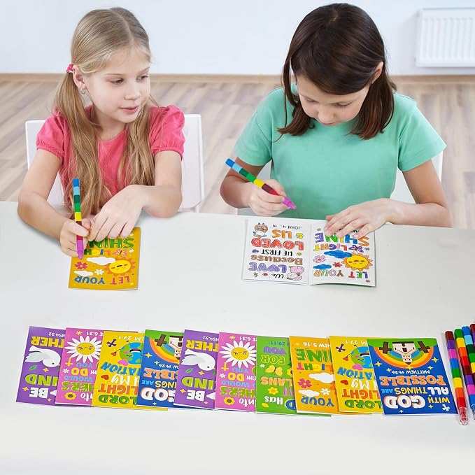 Cinrobiye 24 Set Bible Coloring Books with Stacking Crayons, Religious Activity Set for Church Events, Sunday School, VBS Activities, Faith Gatherings and Community Outreach