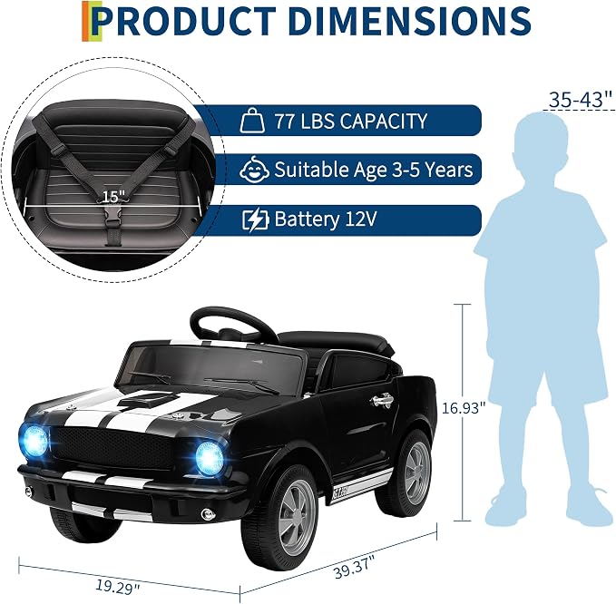Garvee Ride on Licensed Shelby GT350, 12V Ride on Toys for Toddlers with Remote Control, Licensed Ford Shelby Kids Electric Vehicle with Safety Belt, 2 Speeds, Headlight, Upgraded Panel, Black